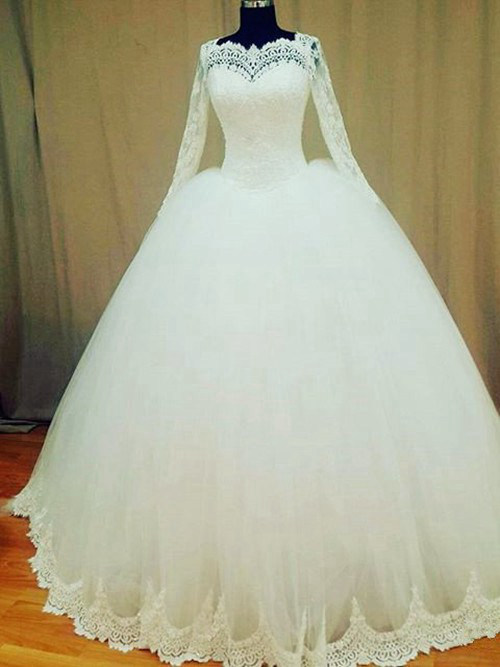 Ball Gown Bateau Lace Sleeves Tulle Wedding Wear