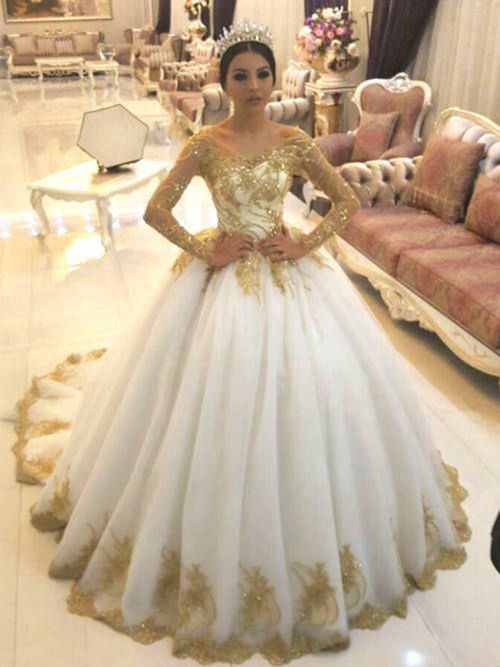 Ball Gown V Neck Tulle Gold Applique Wedding Wear