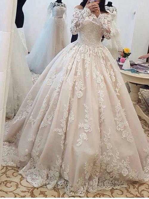 Ball Gown Off Shoulder Lace Sleeves Wedding Wear