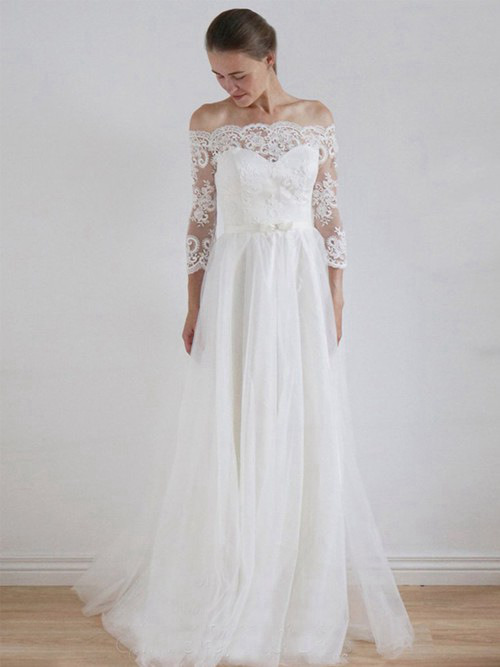 A-line Off Shoulder Lace Sleeves Tulle Bride Dress