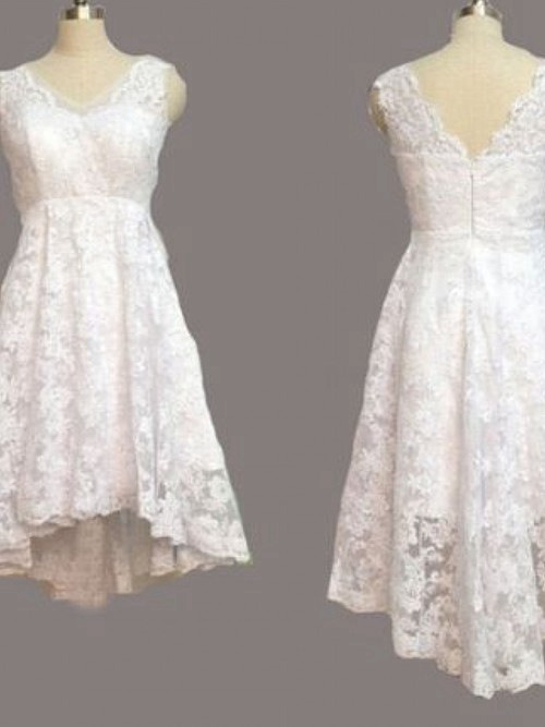 A-line V Neck High Low Lace Wedding Dress
