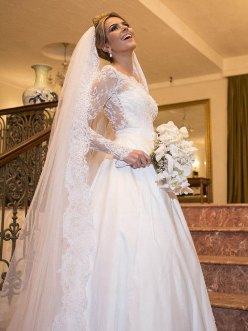 A-line Scoop Satin Lace Sleeves Bridal Dress