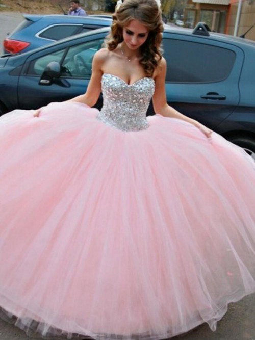 Ball Gown Sweetheart Tulle Pink Bridal Wear Crystal