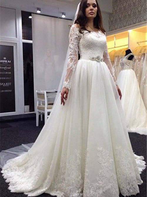 A-line Scoop Tulle Lace Sleeves Wedding Dress