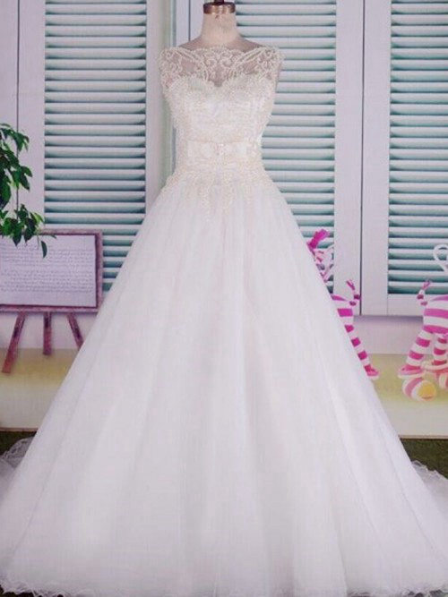 A-line Sheer Tulle Sleeves Bridal Dress Beads