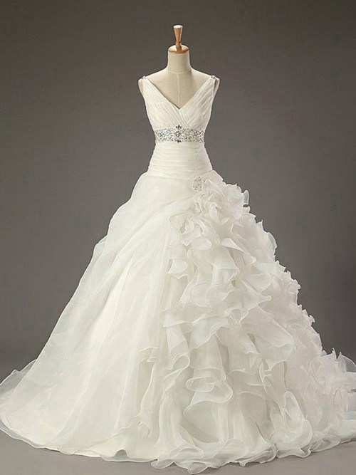 A-line V Neck Chiffon Bridal Dress Beads Frills