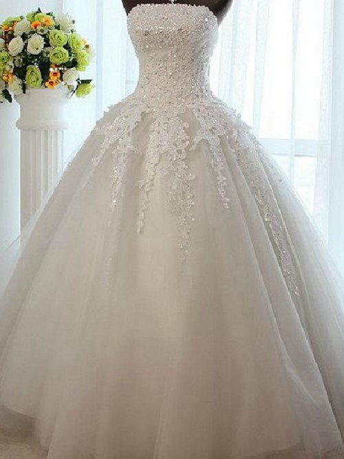 Ball Gown Strapless Tulle Lace Wedding Wear Beads