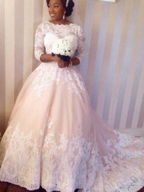 A-line Scoop 3/4 Sleeves Lace Wedding Wear