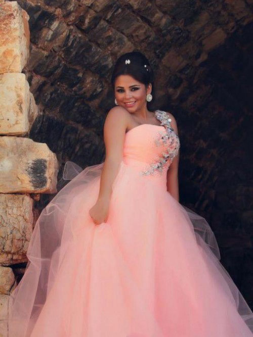 Ball Gown One Shoulder Pink Tulle Bridal Wear Beads