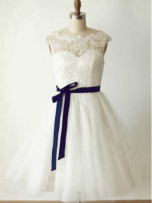 A-line Lace Tulle Knee Length Bridal Dress Sash