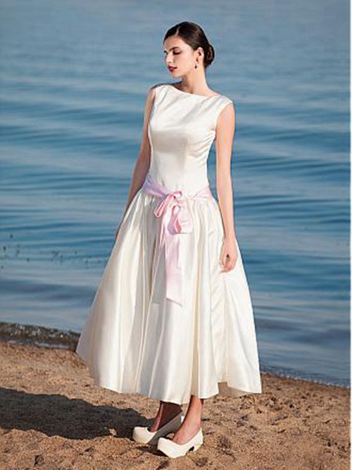 A-line Bateau Tea Length Satin Bride Dress Sash
