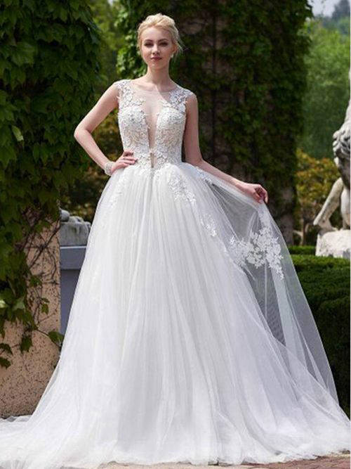A-line Sheer Tulle Lace Wedding Dress