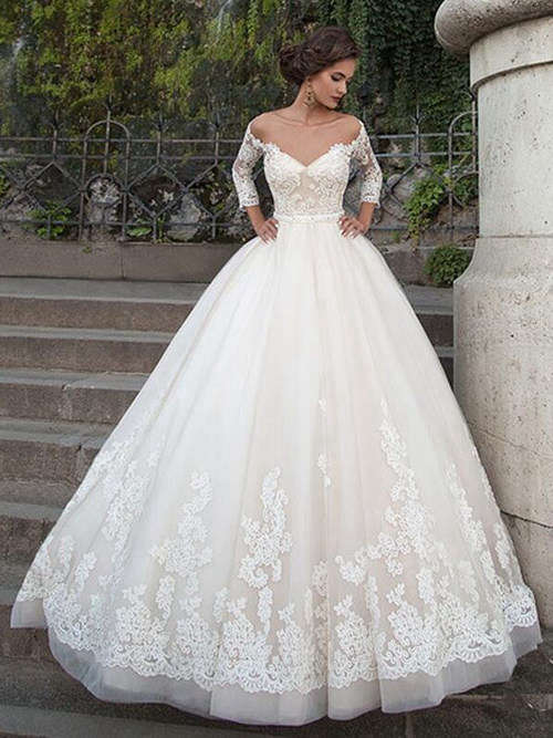 A-line Off Shoulder Lace Sleeves Organza Bridal Wear
