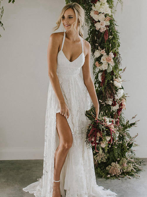 A-line Halter Lace Beach Wedding Gown