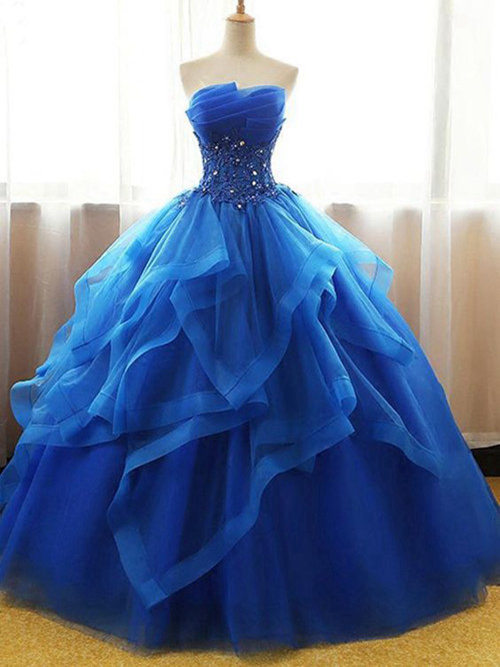 Ball Gown Strapless Organza Lace Blue Wedding Wear Beads