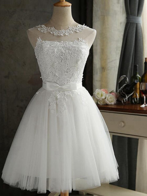 A-line Sheer Knee Length Lace Tulle Wedding Dress