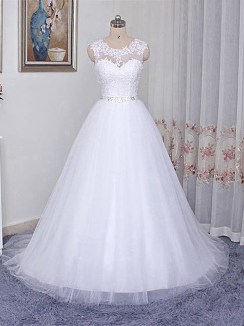 A-line Scoop Lace Organza Bridal Wear Beads