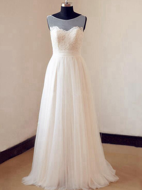 A-line Sheer Lace Tulle Beach Bridal Wear