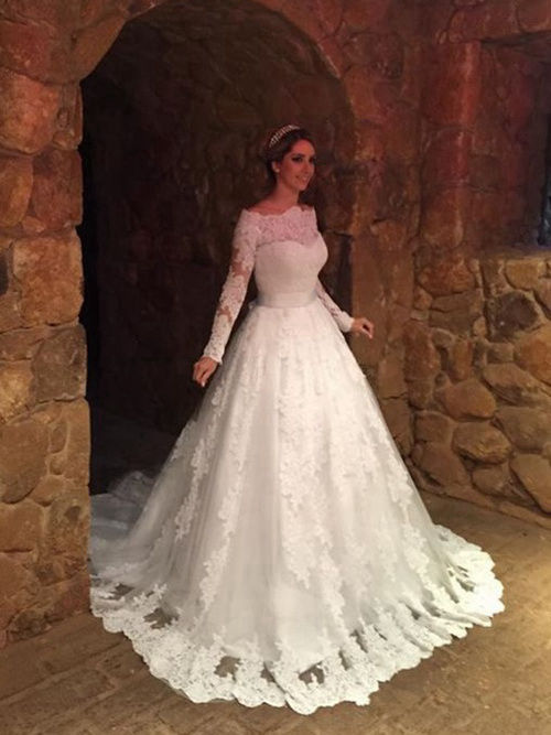 A-line Off Shoulder Lace Long Sleeves Bridal Dress