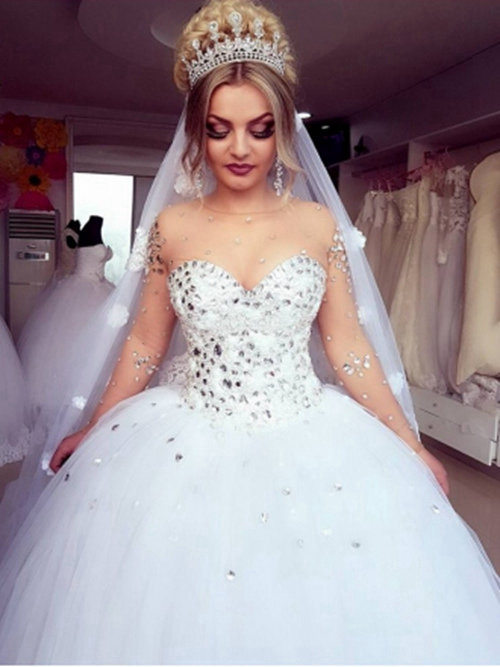 Ball Gown Sheer Tulle Sleeves Wedding Wear Crystal