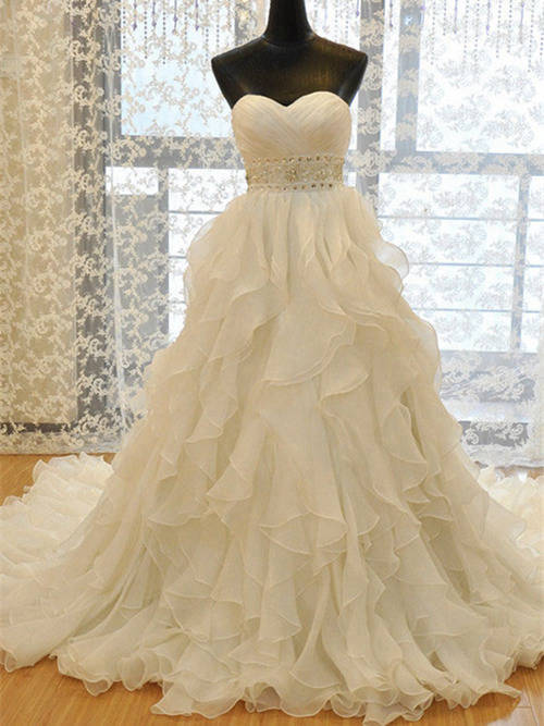 A-line Sweetheart Organza Wedding Dress Beads Frills