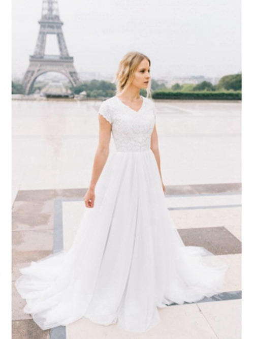 A-line V Neck Chiffon Lace Sleeves Bridal Gown