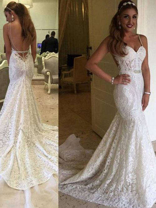 Mermaid Spaghetti Straps Lace Wedding Gown