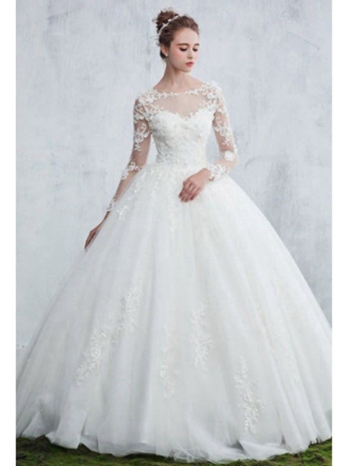 A-line Sheer Lace Sleeves Organza Wedding Wear