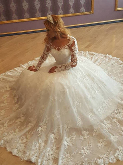 Ball Gown V Neck Lace Sleeves Wedding Wear