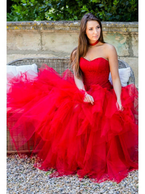 A-line Sweetheart Organza Red Wedding Dress Frills