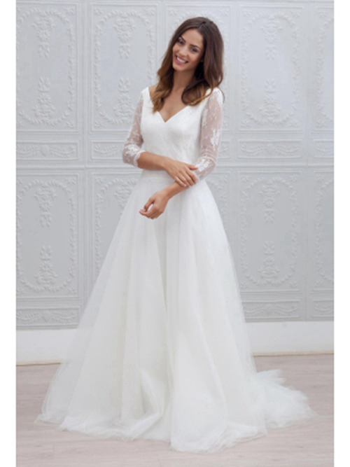 A-line V Neck Tulle Sleeves Wedding Gown
