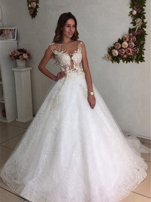 A-line V Neck Lace Wedding Dress Applique