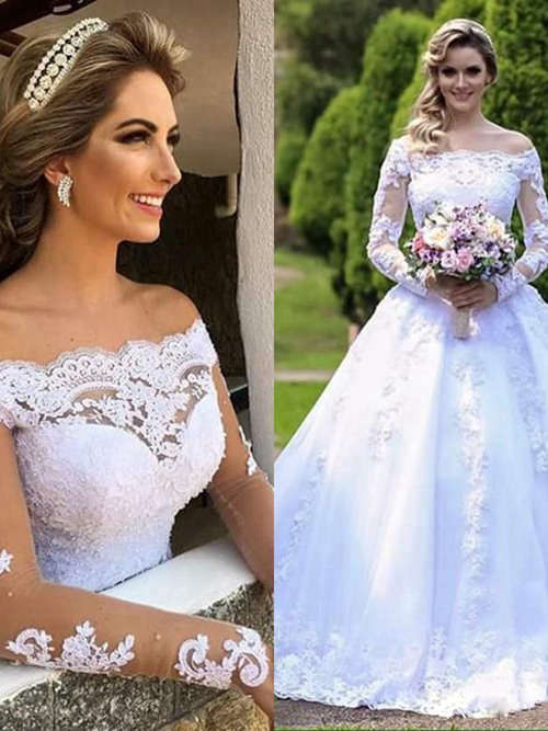 A-line Off Shoulder Lace Sleeves Satin Wedding Wear