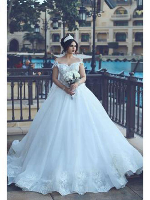 A-line Off Shoulder Lace Organza Wedding Wear