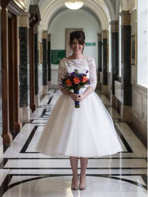 Princess Bateau Tea Length Lace Sleeves Organza Wedding Wear