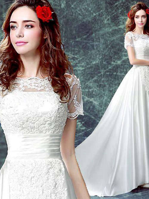 A-line Bateau Lace Sleeves Satin Wedding Garment