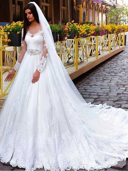A-line V Neck Lace Sleeves Bridal Gown