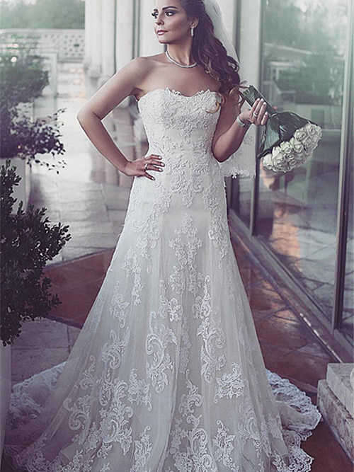 A-line Sweetheart Lace Long Wedding Dress