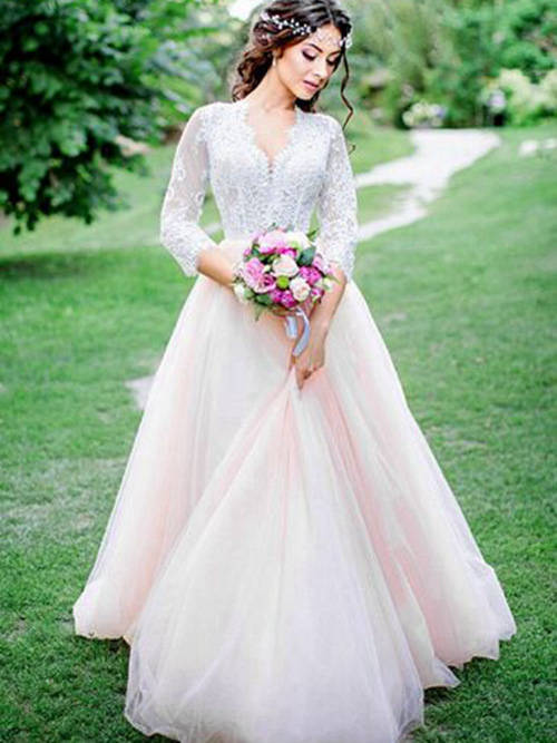 A-line V Neck Lace Sleeves Tulle Wedding Gown
