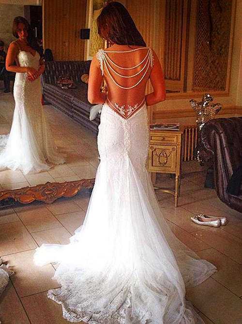 Mermaid Spaghetti Straps Tulle Lace Wedding Dress Pearls