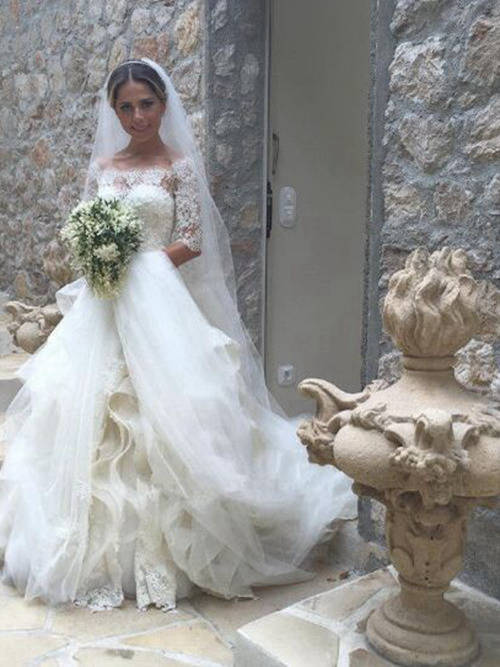 A-line Off Shoulder Organza Lace Sleeves Bridal Dress Frills