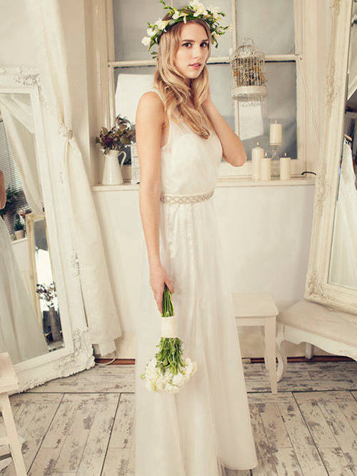 A-line Sheer Floor Length Tulle Bridal Wear Beads