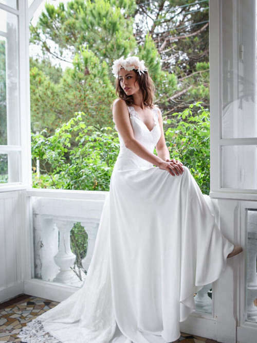 A-line V Neck Lace Chiffon Beach Wedding Dress