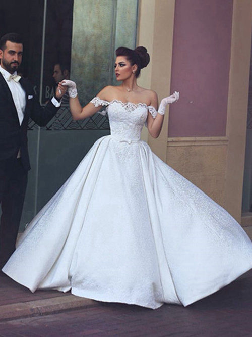 Ball Gown Off Shoulder Lace Satin Wedding Wear
