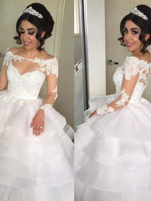 Ball Gown Off Shoulder Organza Lace Sleeves Bridal Wear