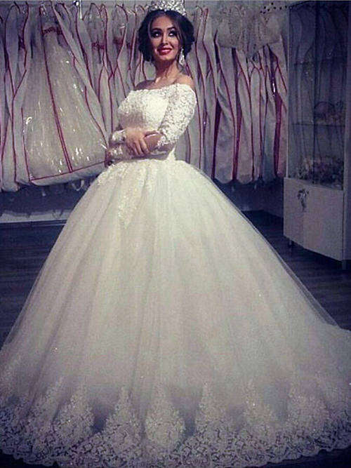Ball Gown Off Shoulder Lace Sleeves Tulle Bridal Wear