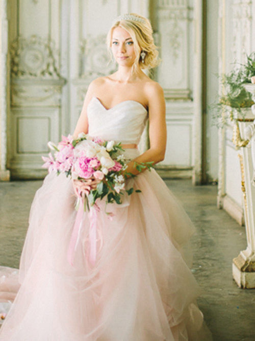 A-line Sweetheart Tulle Beach Pink Wedding Wear