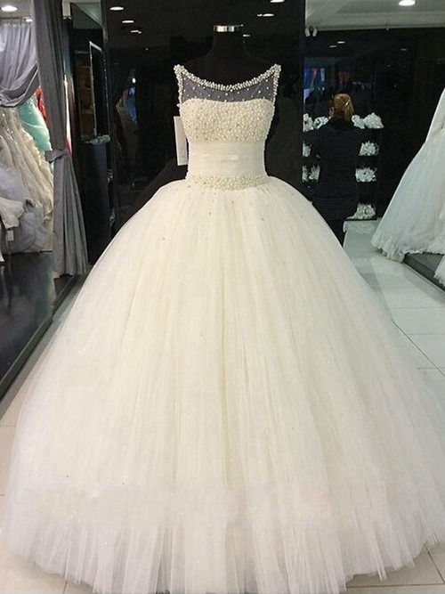 Ball Gown Scoop Tulle Wedding Wear Pearls