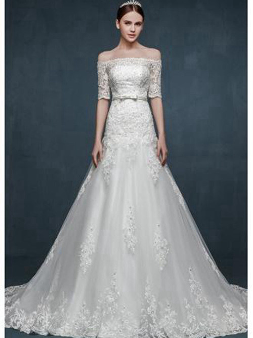 A-line Off Shoulder Lace Sleeves Wedding Gown