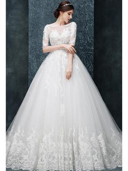 A-line Sheer Lace Sleeves Organza Wedding Garment